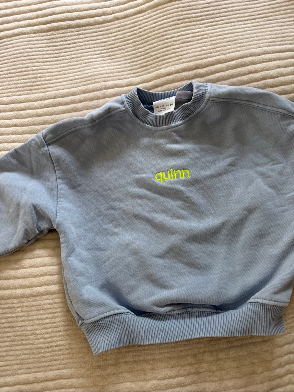 Zara Light Blue Sweatshirt with Neon Yellow-Green Quinn Embroidery